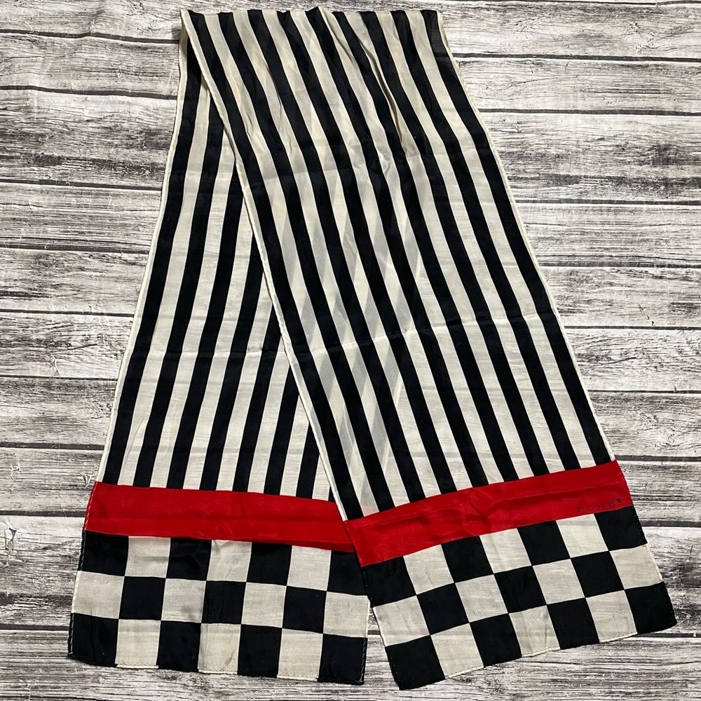 VINTAGE 10x54 Echo Checkered Striped Black/White/Red Scarf Minor Flaws Good Cond